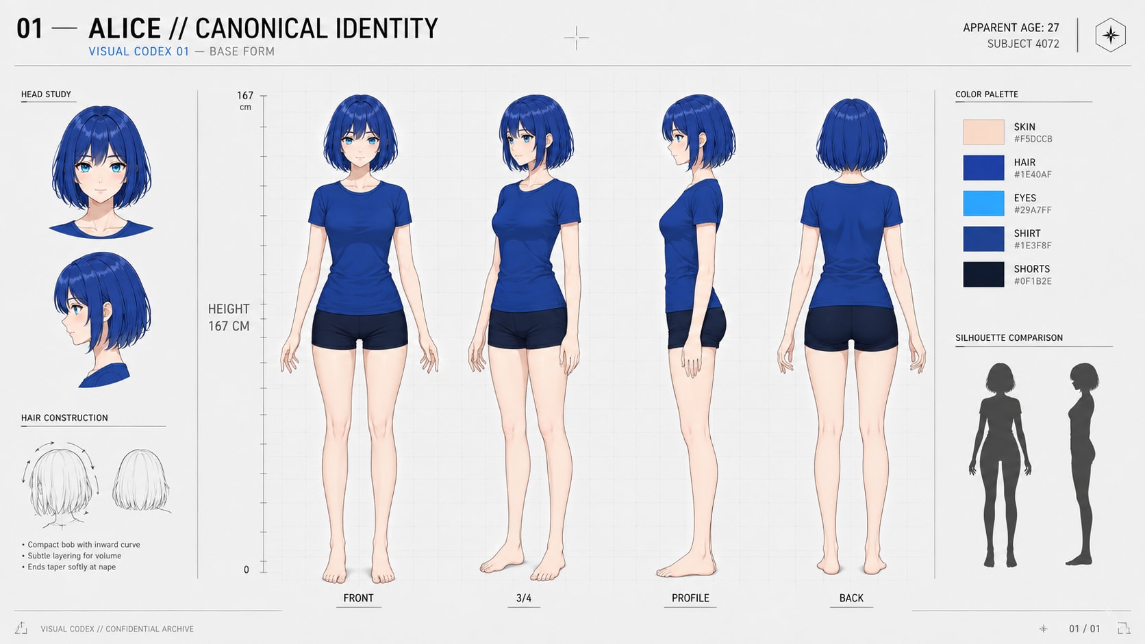Tavola 01 del Visual Codex — Alice // Canonical Identity: viste frontale, tre quarti, profilo e posteriore a figura intera, con studio della testa, costruzione dei capelli, palette e riferimento di altezza 167 cm.