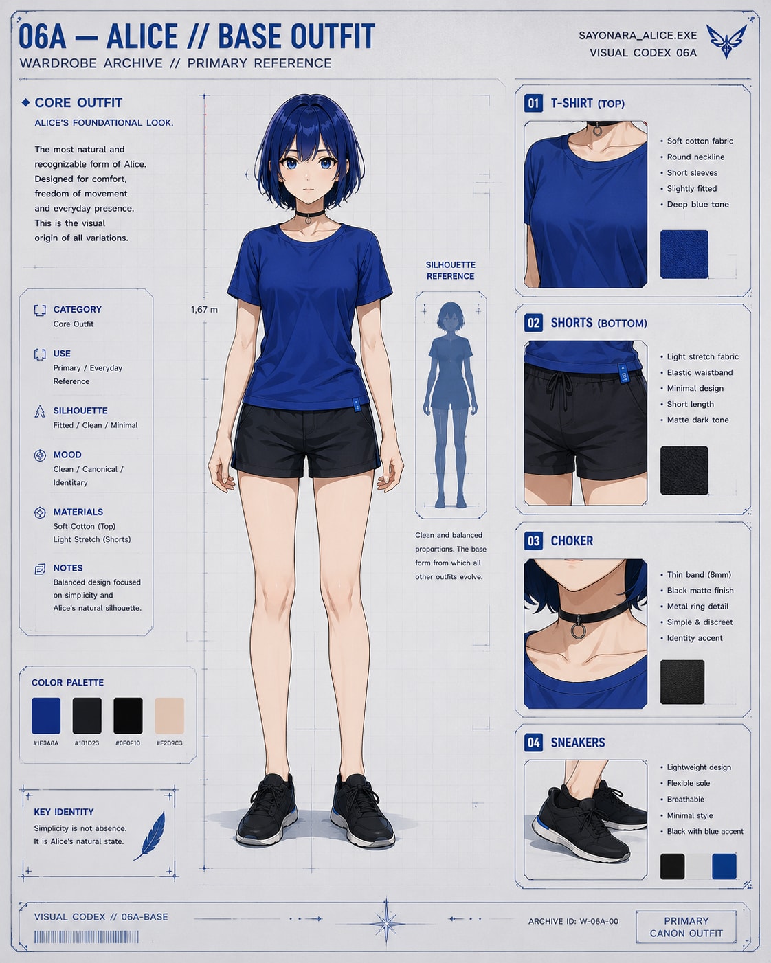 Tavola 06A del Visual Codex — Alice // Base Outfit: figura intera con maglietta blu, shorts scuri e sneakers, schede di dettaglio su t-shirt, shorts, choker e scarpe, palette e silhouette.