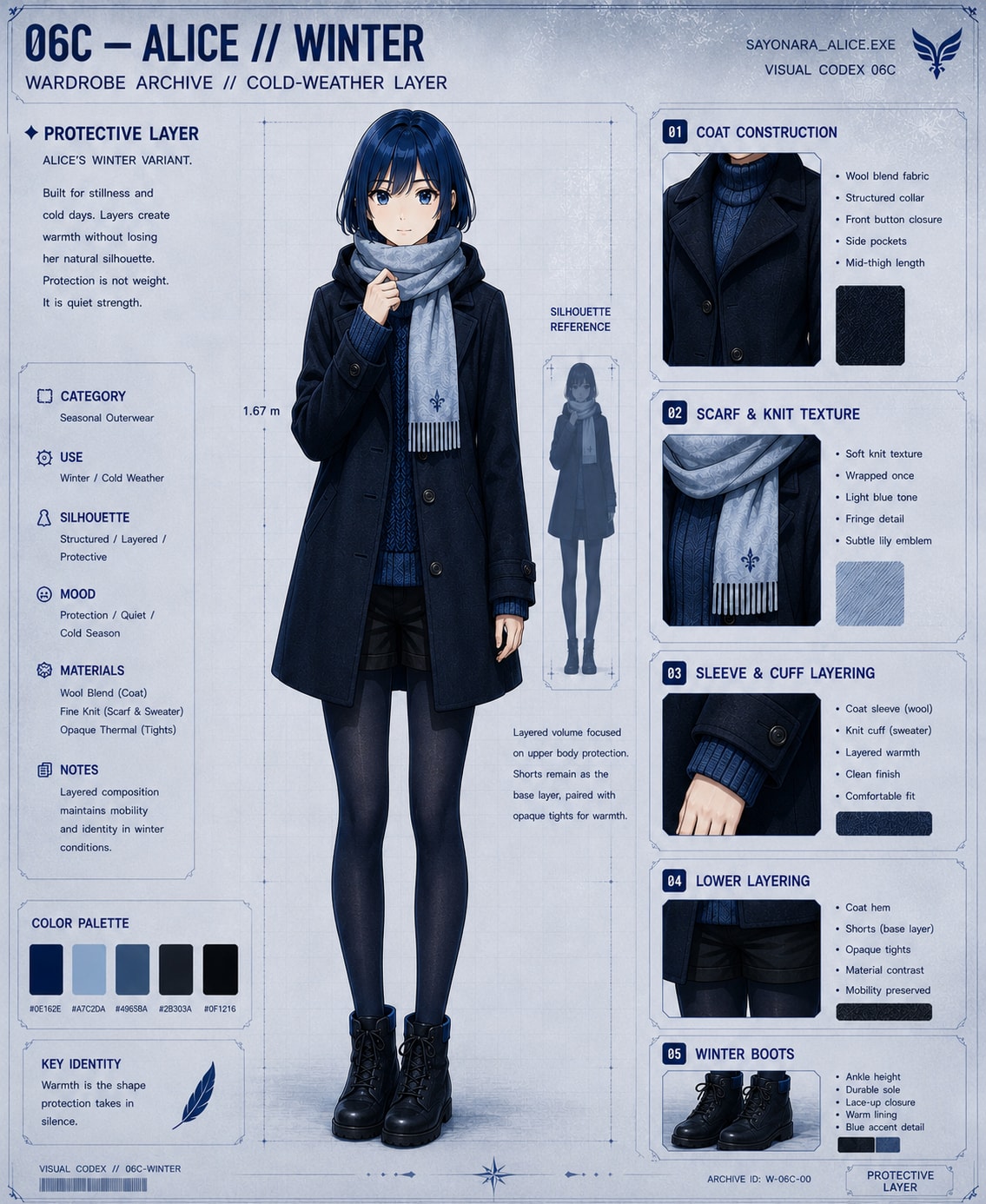 Tavola 06C del Visual Codex — Alice // Winter: figura intera con cappotto, sciarpa chiara, collant opachi e stivaletti, schede su costruzione del cappotto, maglia, polsini, strati inferiori e calzature.