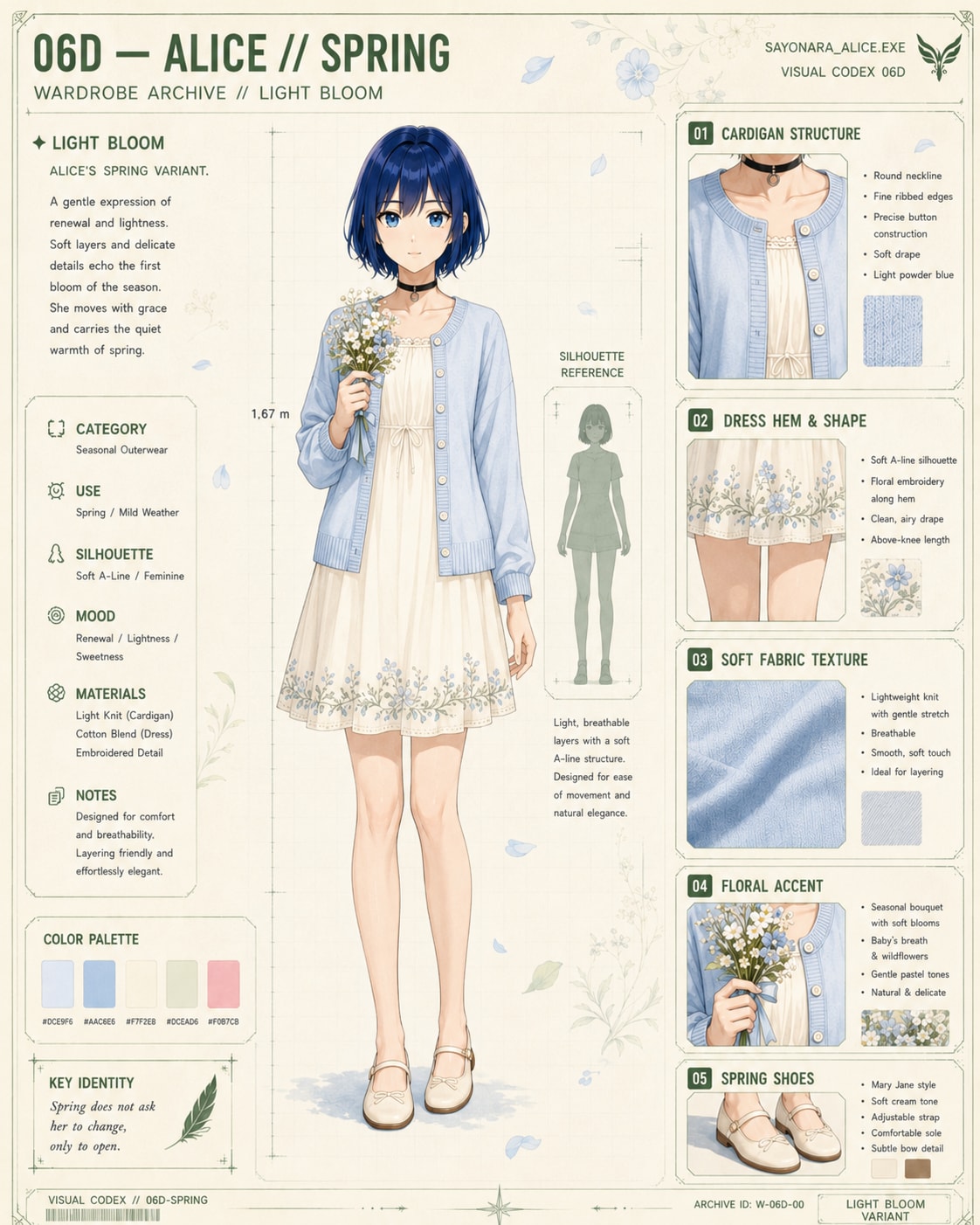Tavola 06D del Visual Codex — Alice // Spring: figura intera con cardigan azzurro e abito chiaro ricamato, mazzolino di fiori, schede su cardigan, orlo, tessuto, accento floreale e scarpe.