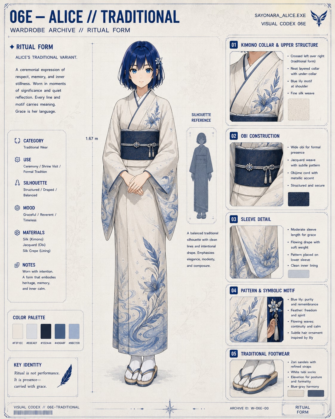 Tavola 06E del Visual Codex — Alice // Traditional: figura intera in kimono avorio con motivi blu e obi indaco, schede su colletto, obi, maniche, simbologia e calzature tradizionali.