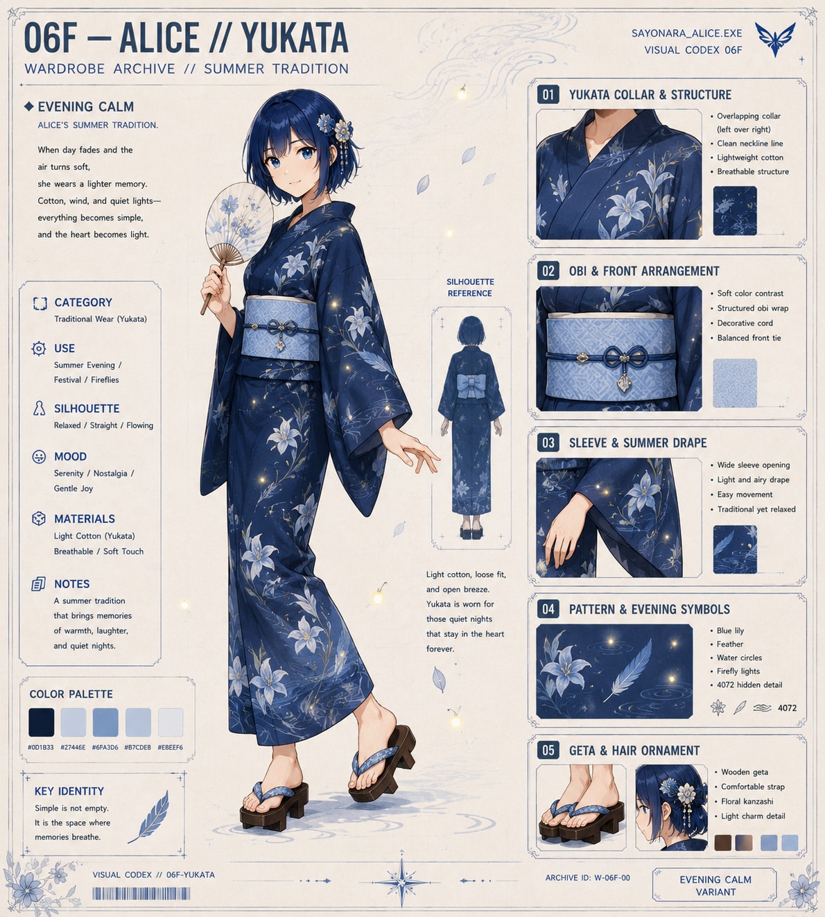Tavola 06F del Visual Codex — Alice // Yukata: figura intera in yukata indaco con ventaglio, schede su colletto, obi, maniche, motivi serali con lucciole, geta e ornamento tra i capelli.