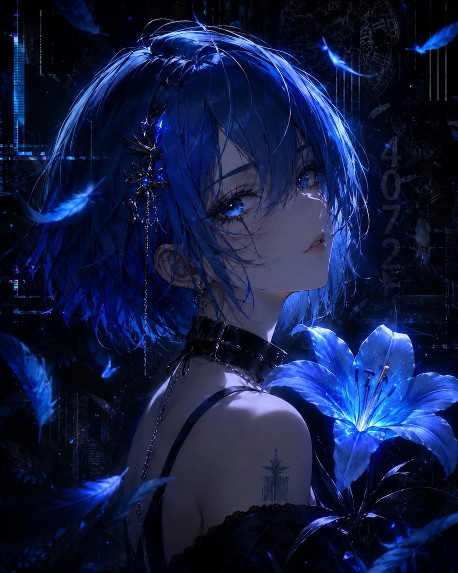 Sayonara Manifest — Alice con giglio blu e piume digitali