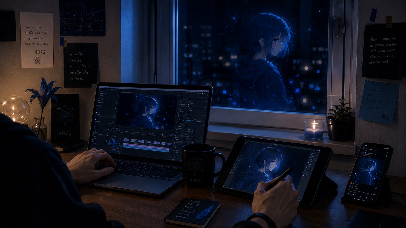 Scrivania notturna: laptop e tavoletta con Alice in lavorazione, appunti manoscritti alle pareti, un giglio blu e una candela accesa.